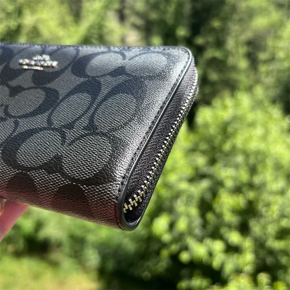 COACH Long Zip-Around Wallet Black/Gray Signature Canvas Silver Hardware AUTHNTC